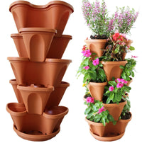 Five-tier stacking planters filled with colorful flowering plants, showcasing vibrant blooms and greenery.