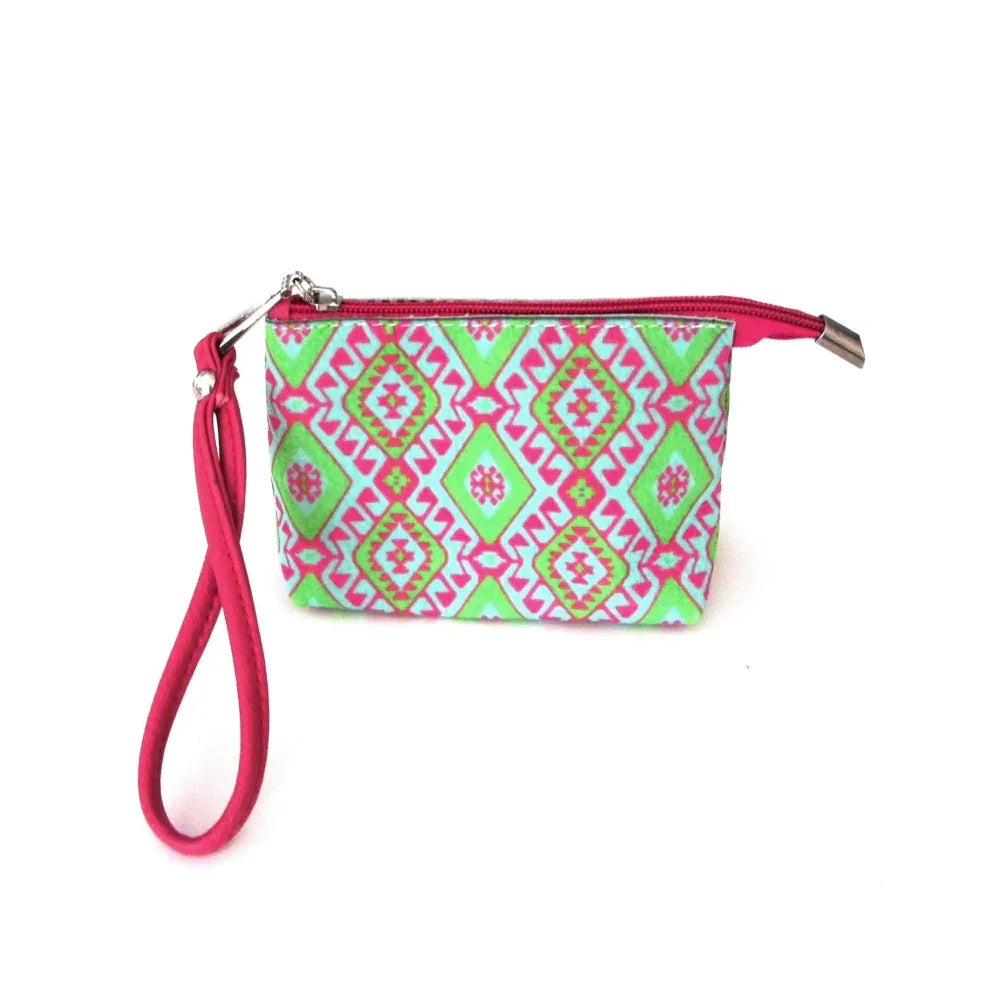 Open red wristlet bag displaying interior compartment with satin lining and organized contents.