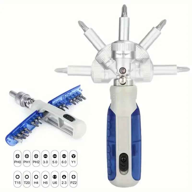 A compact ratcheting screwdriver set with 14 interchangeable bits and a magnetic tip on a white background.