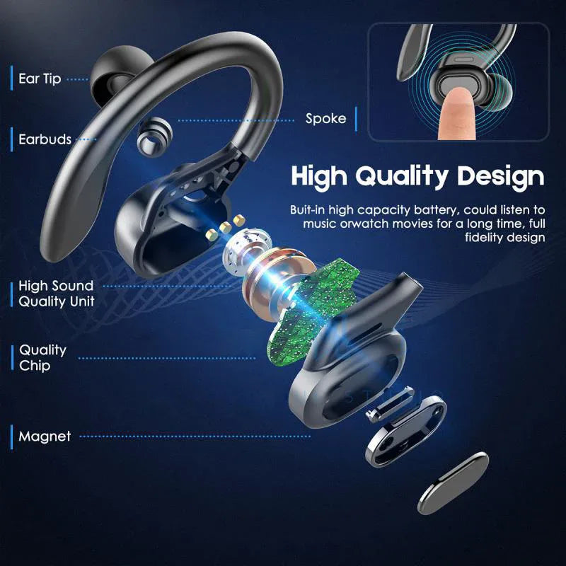 Red wireless Bluetooth sport headset showing LED power indicator on charging case