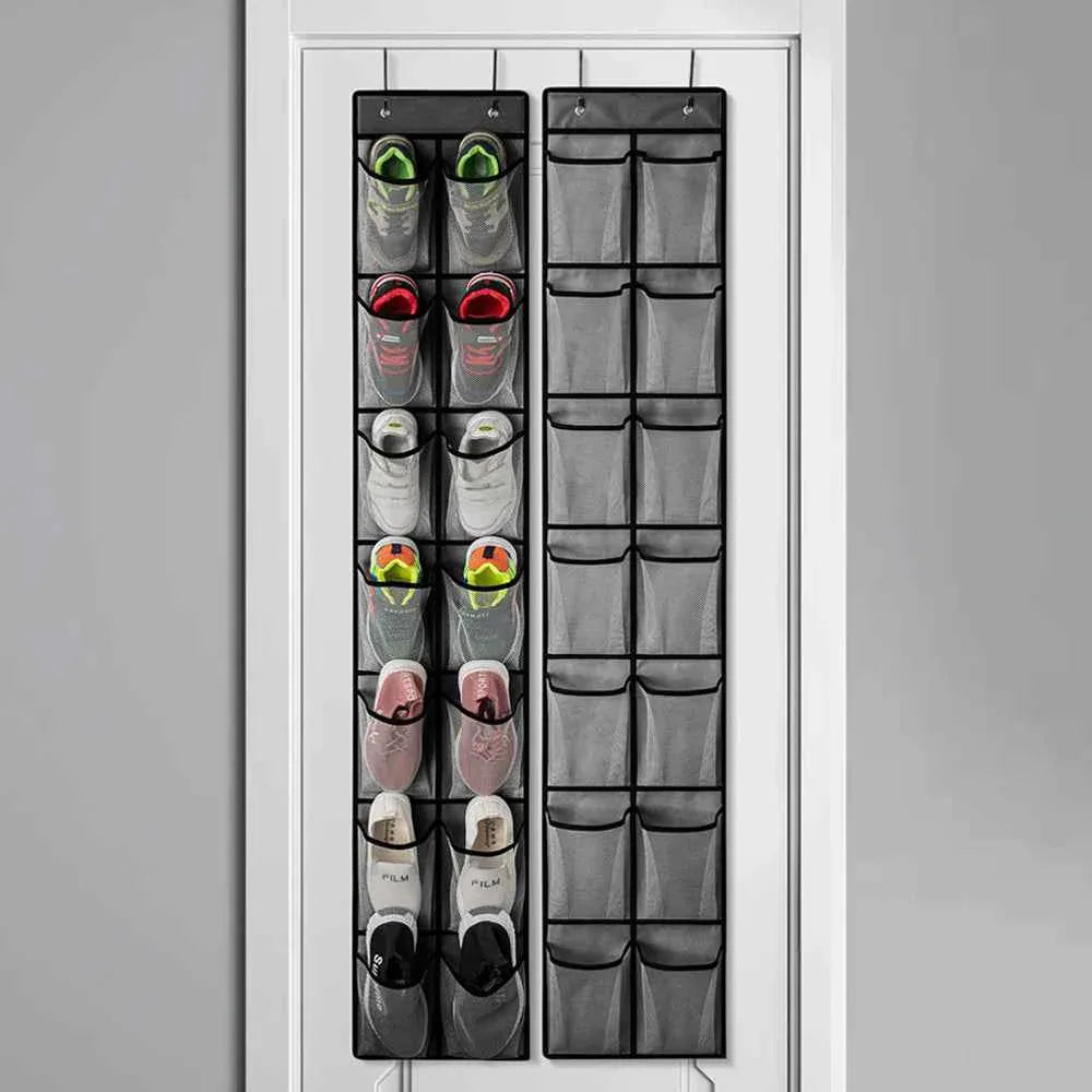 White over-the-door hanging organizer with 14 clear pockets, neatly holding pairs of shoes and accessories.