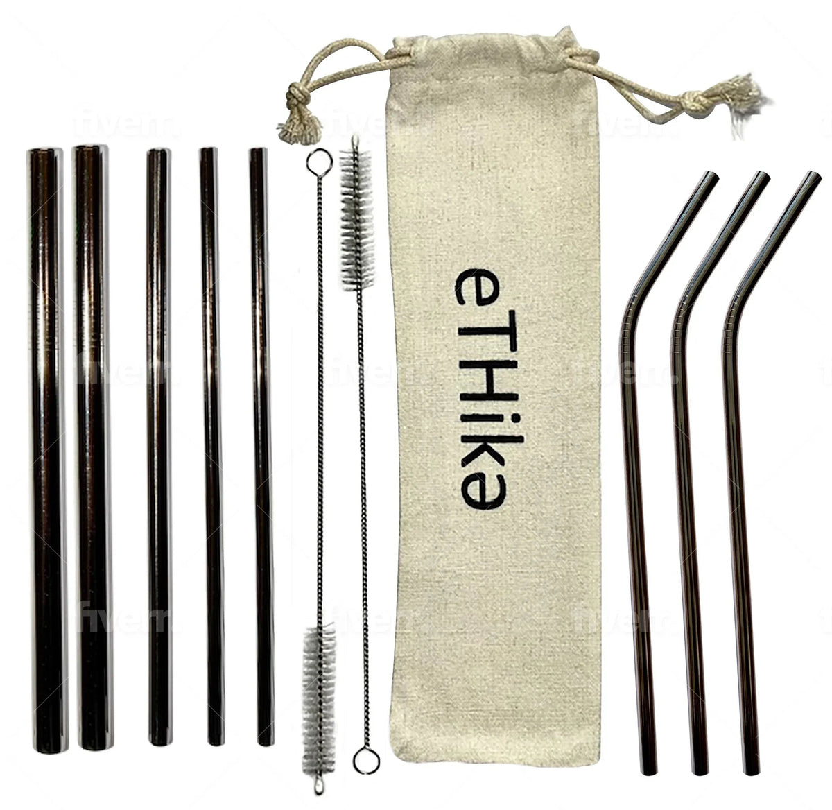 Cleaning brush for stainless steel straws displayed alongside the mini soft cotton carrying pouch.