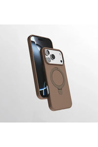 Close-up of iPhone 17 Pro case magnetic charging area and ring stand in use