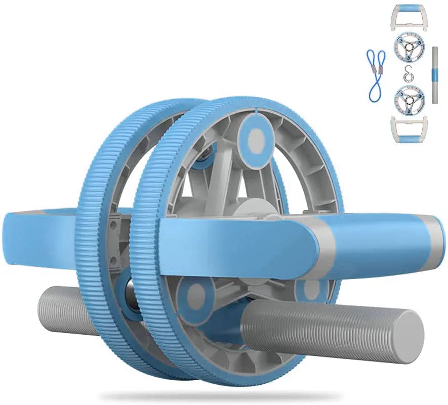 Fitness equipment pieces including push-up supports and dumbbells arranged next to abdominal wheel.