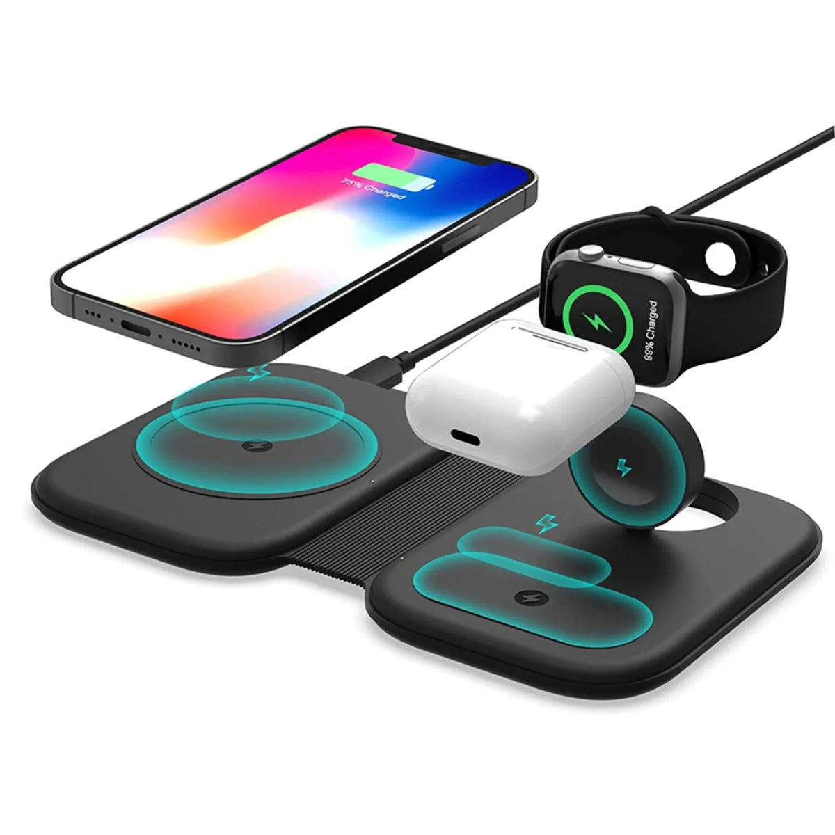Wireless charging station folded flat showing slim, compact design on white background.