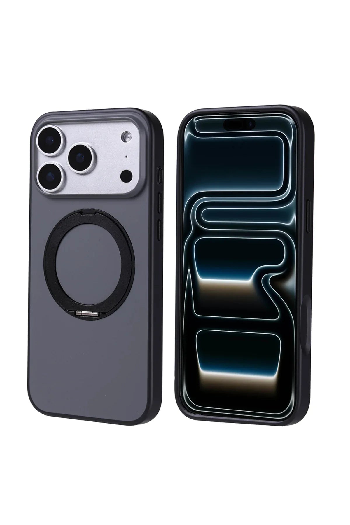 Black iPhone case featuring raised edges and magnetic ring designed for easy charging attachment.