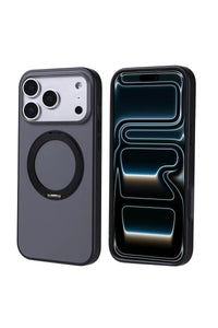 Black iPhone case featuring raised edges and magnetic ring designed for easy charging attachment.