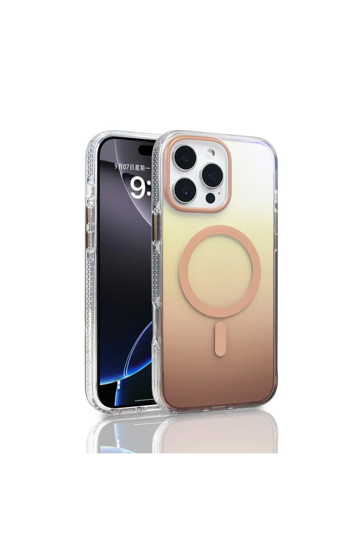 Side view of magnetic charging cover highlighting the rainbow gradient and sleek, clear design.