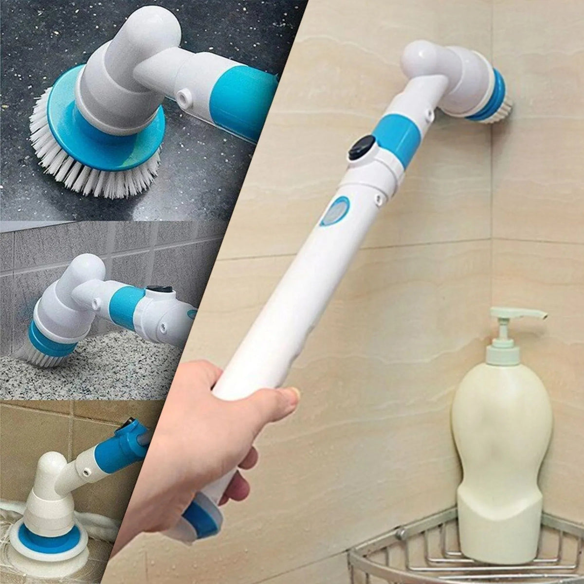 Smart cleaning brush with extendable handle for bathroom and kitchen surfaces.