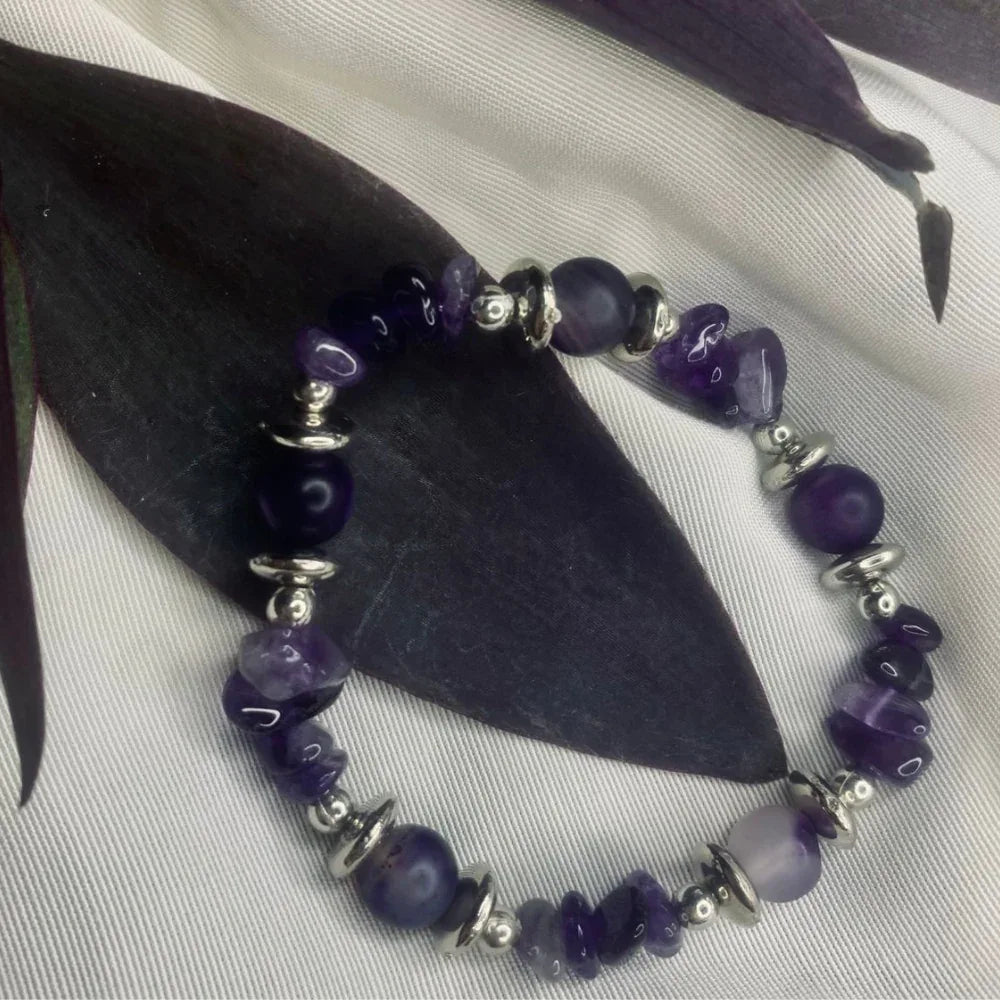 Close-up of Purple Agate Chip Bracelet with silver spacer beads on white background