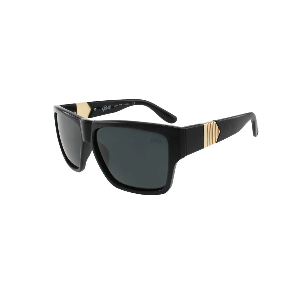Close-up of black Jase New York Carter sunglasses showcasing pyramid-like metal obelisk detail on frame sides.