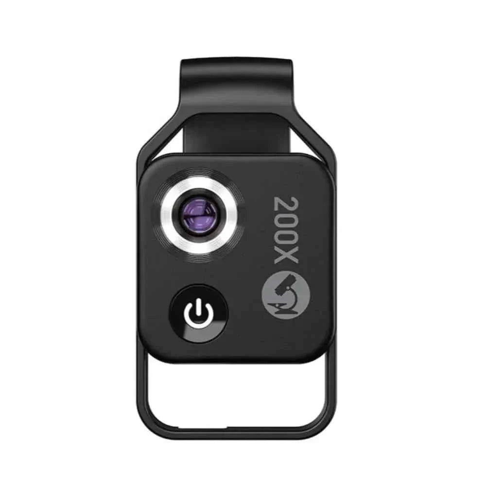 A compact mobile phone lens with built-in LED light, attached to a smartphone, for high-magnification close-up photos.