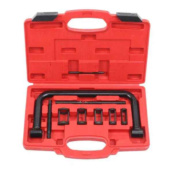 Five sizes of valve spring compressor tools for cars and motorcycles, arranged in a plastic storage case.