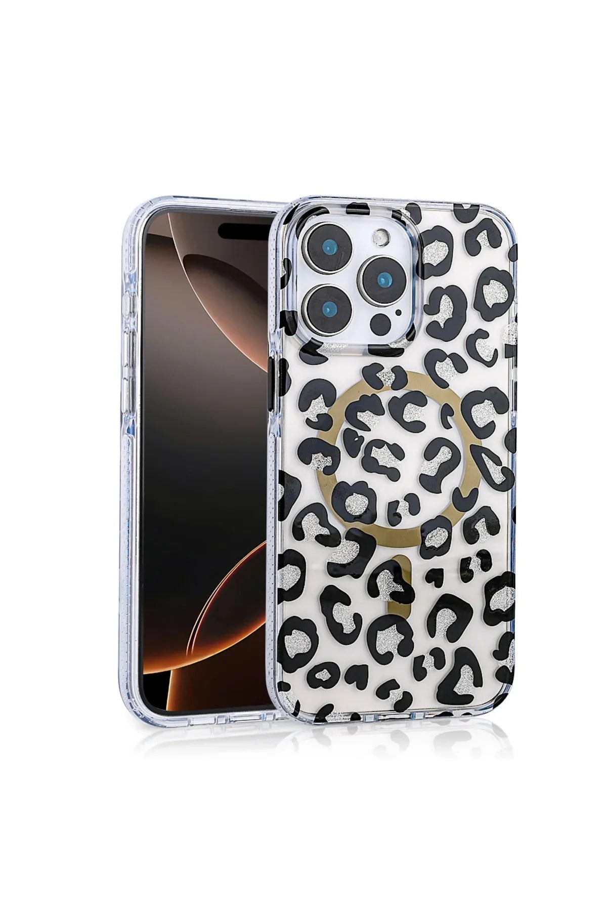 Front view of iPhone 16 Pro case with Jago leopard design and MagSafe support, ultra-thin and lightweight.