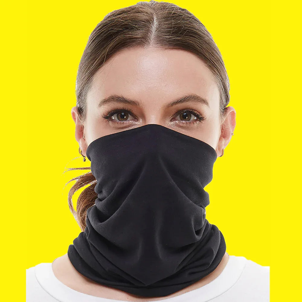Close-up of a neck gaiter bandana scarf in light color, showing breathable stretchy fabric texture.