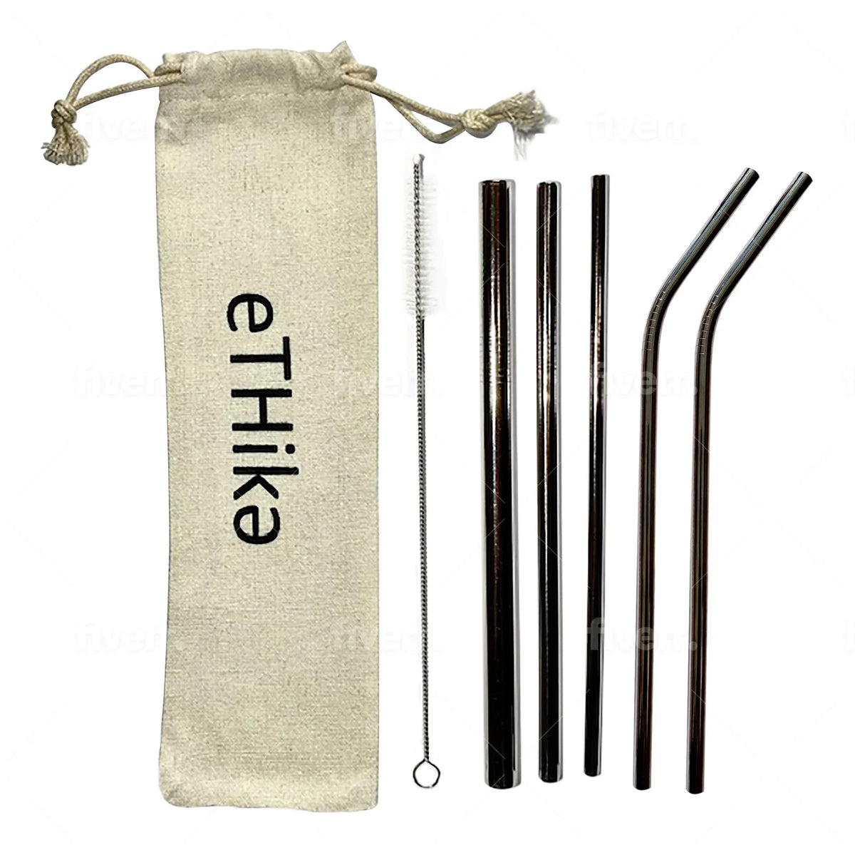 Eco-friendly reusable straws with pouch and brush beside a glass of iced drink with lemon.