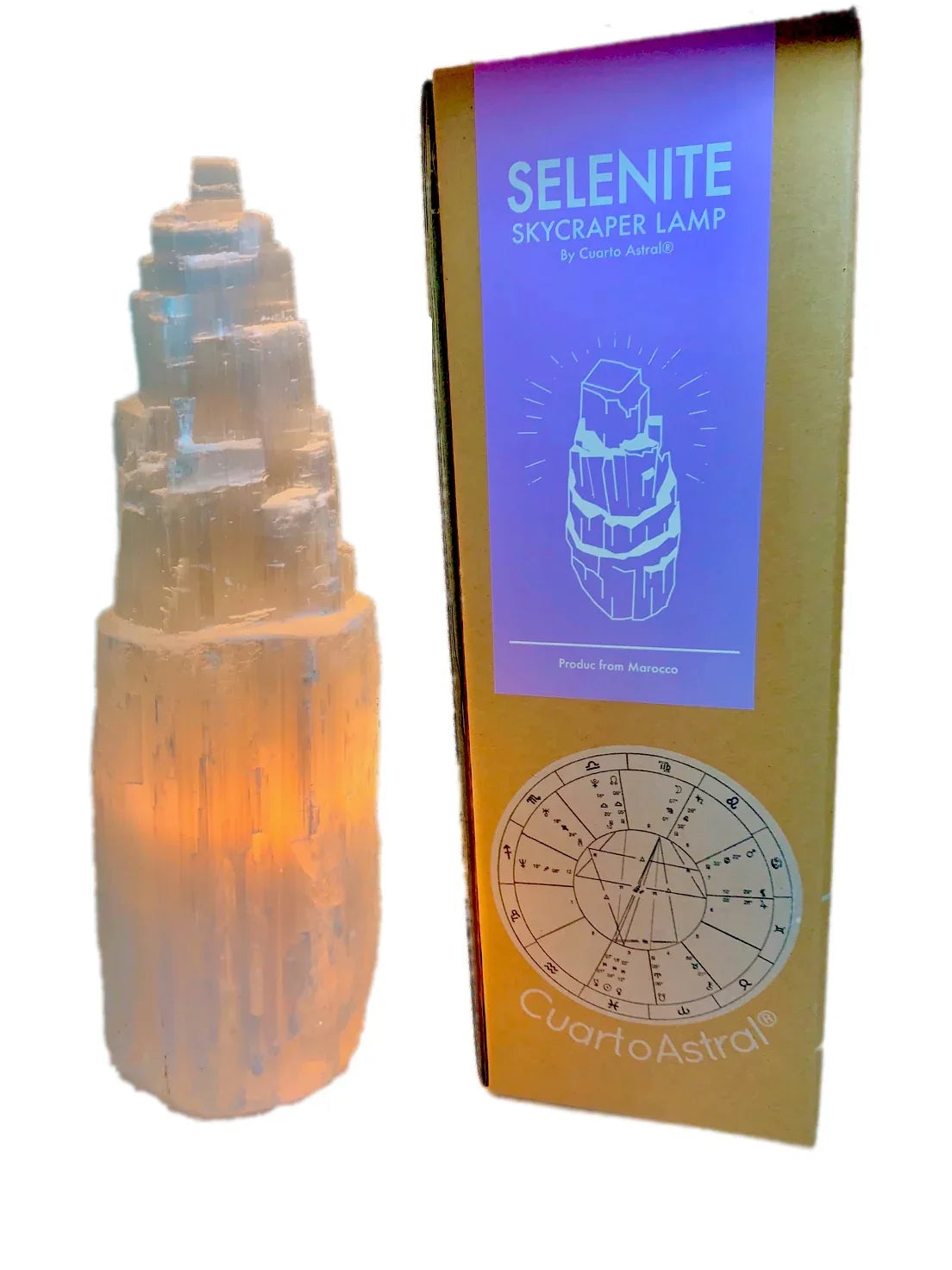 Detailed shot of selenite crystal lamp surface, showcasing its natural white and cream colors.