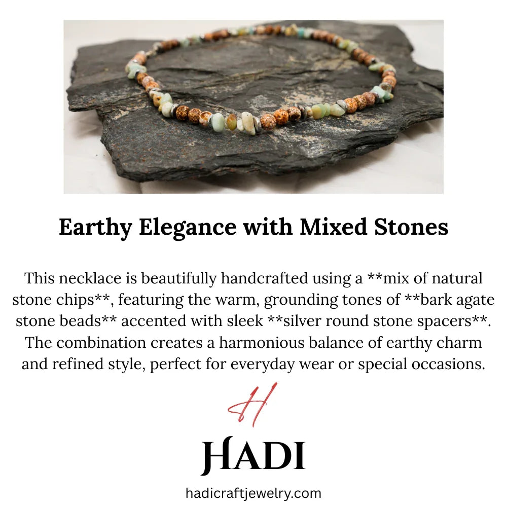 Handmade necklace featuring polished natural agate chip beads in earthy tones on display.