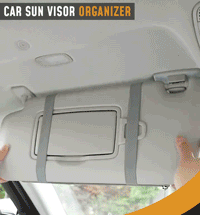 Animated gif showing adjustable elastic Velcro band installation of black car sun visor organizer