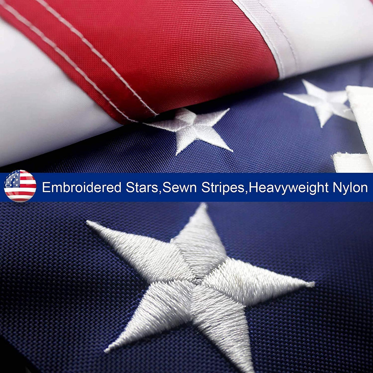 Detailed shot of sewn red and white stripes on durable Oxford nylon American flag fabric.