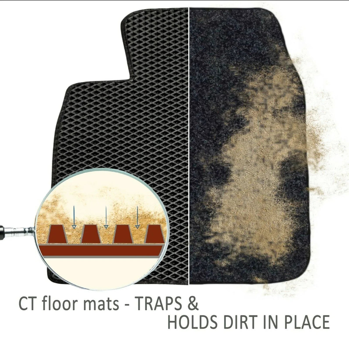 Top view of custom-fit taupe car floor mat placed inside vehicle's footwell.