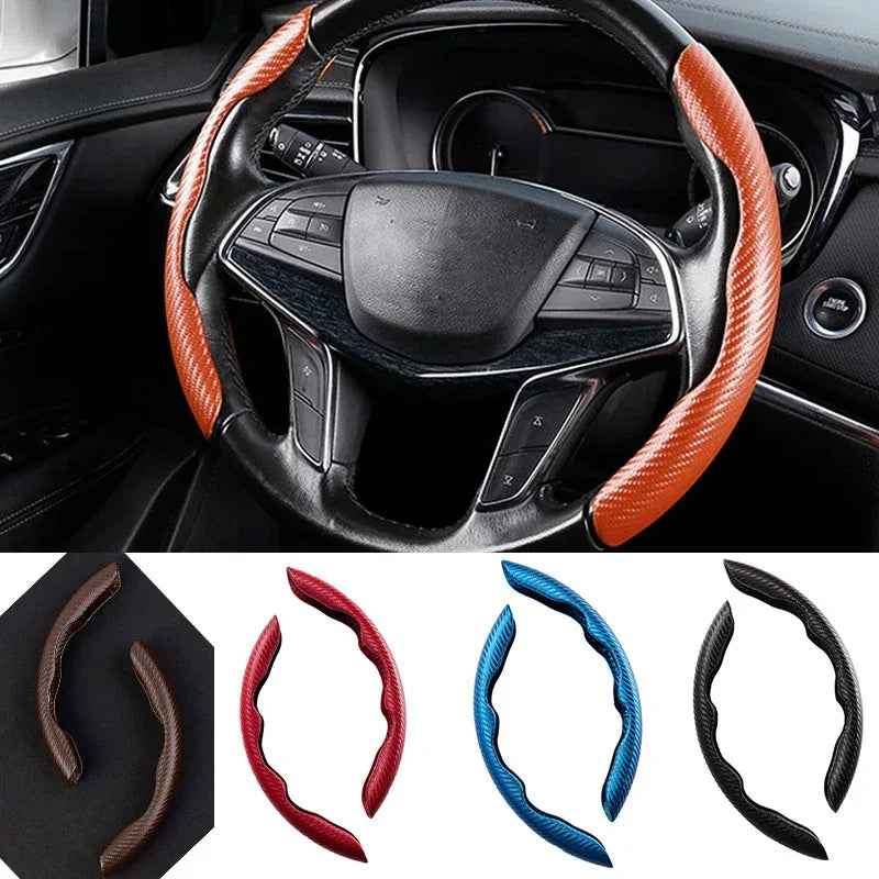 A pair of slim, black carbon fiber steering wheel covers designed for easy installation and enhanced grip.
