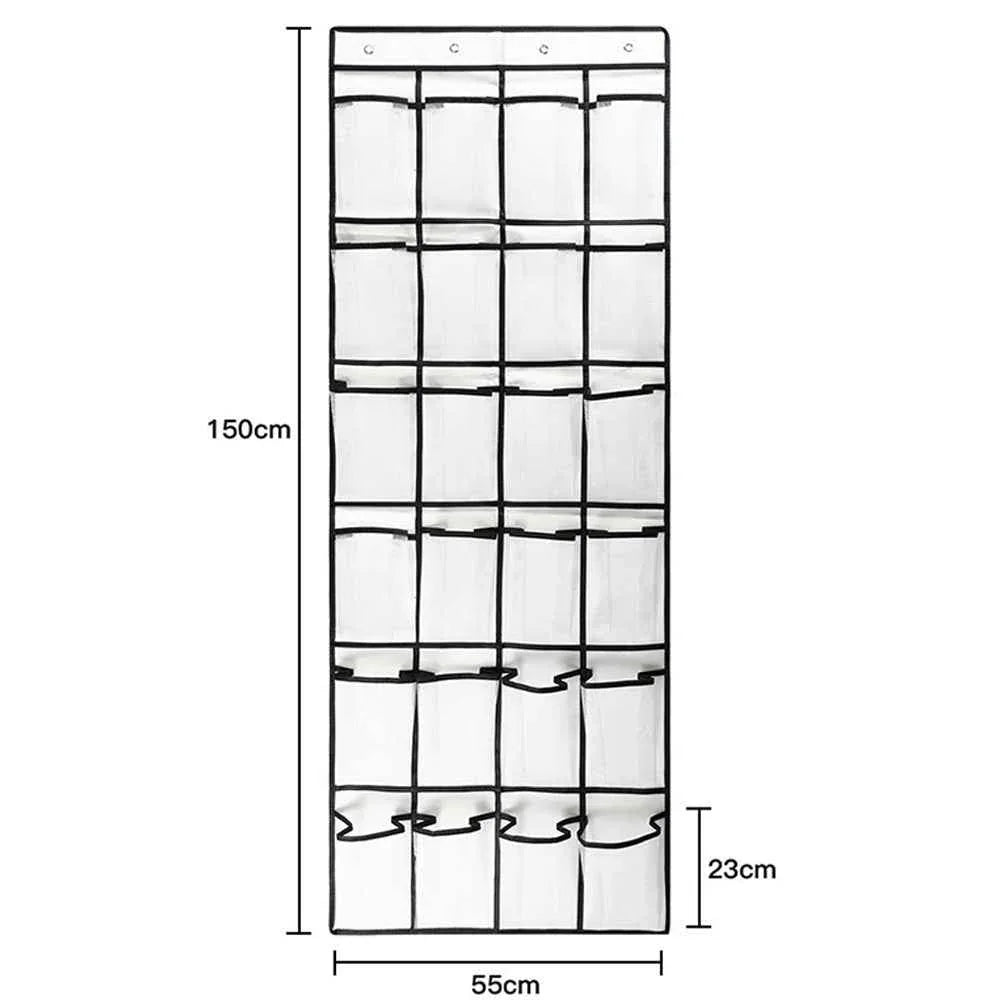 White over-the-door shoe organizer with 24 clear pockets filled with shoes and small accessories.