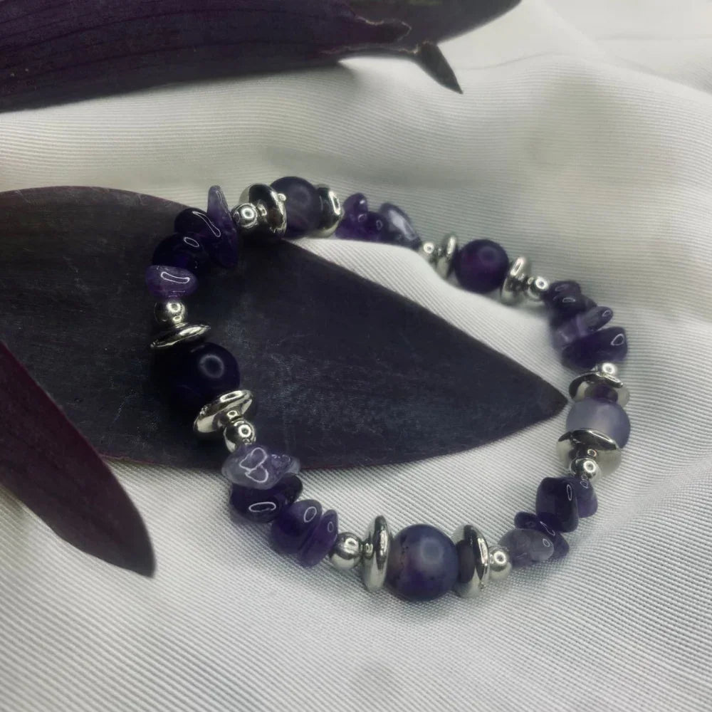 Purple agate chip bracelet curved in a circle showcasing colors and texture