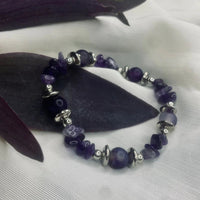 Purple agate chip bracelet curved in a circle showcasing colors and texture