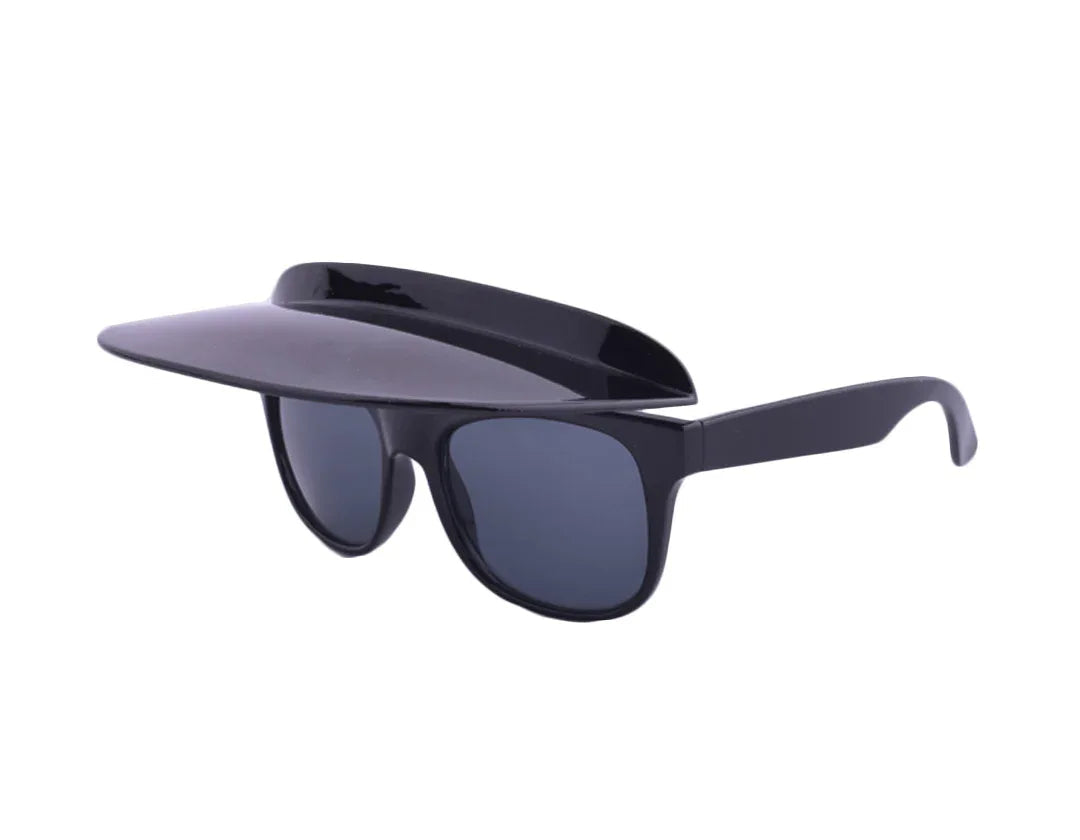 Close-up of Flipside Sunglasses showing black frame and clear vertical visor in upright position.
