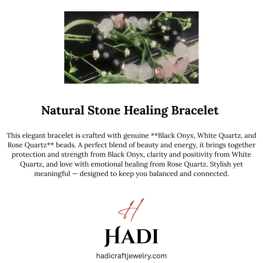 Natural stone beaded bracelet laid flat showing mix of black onyx, white jade, rose quartz, and silver spacers