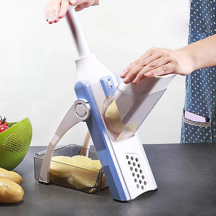 Vegetable and fruit chopper with safety locking mechanism and removable parts for cleaning.