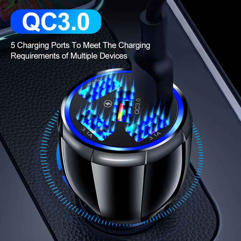 Black car charger with five USB ports plugged into a car's power outlet, several cables connected and charging devices.