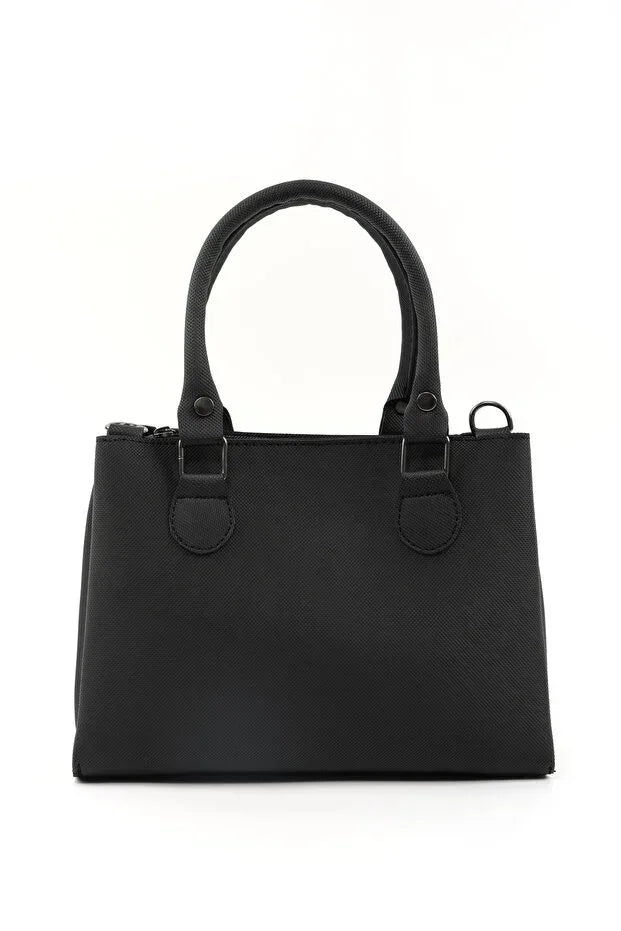 Black Faux Leather Zippered Handbag with 3 Compartments Adjustable Bag - Snagva