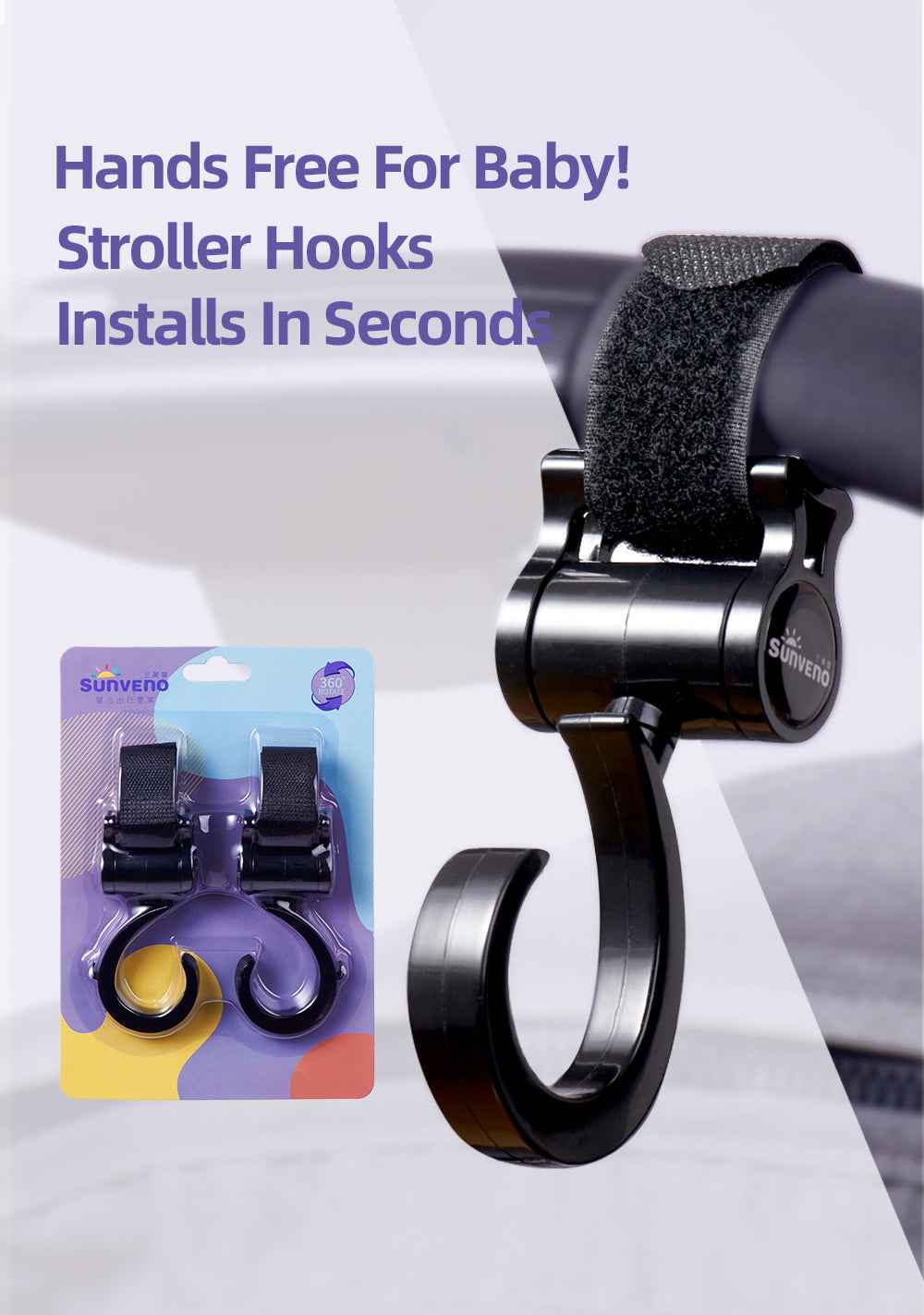Two maroon universal stroller hooks hanging from stroller handle carrying bags