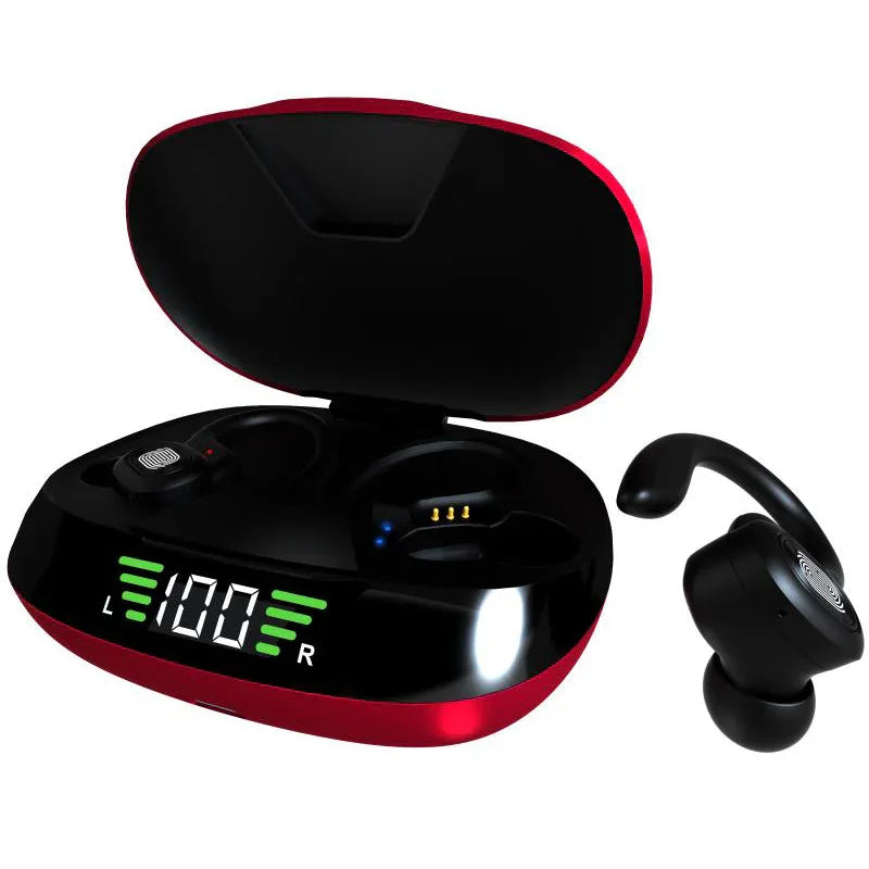 Charging box displaying LED battery level with two TWS earbuds inside