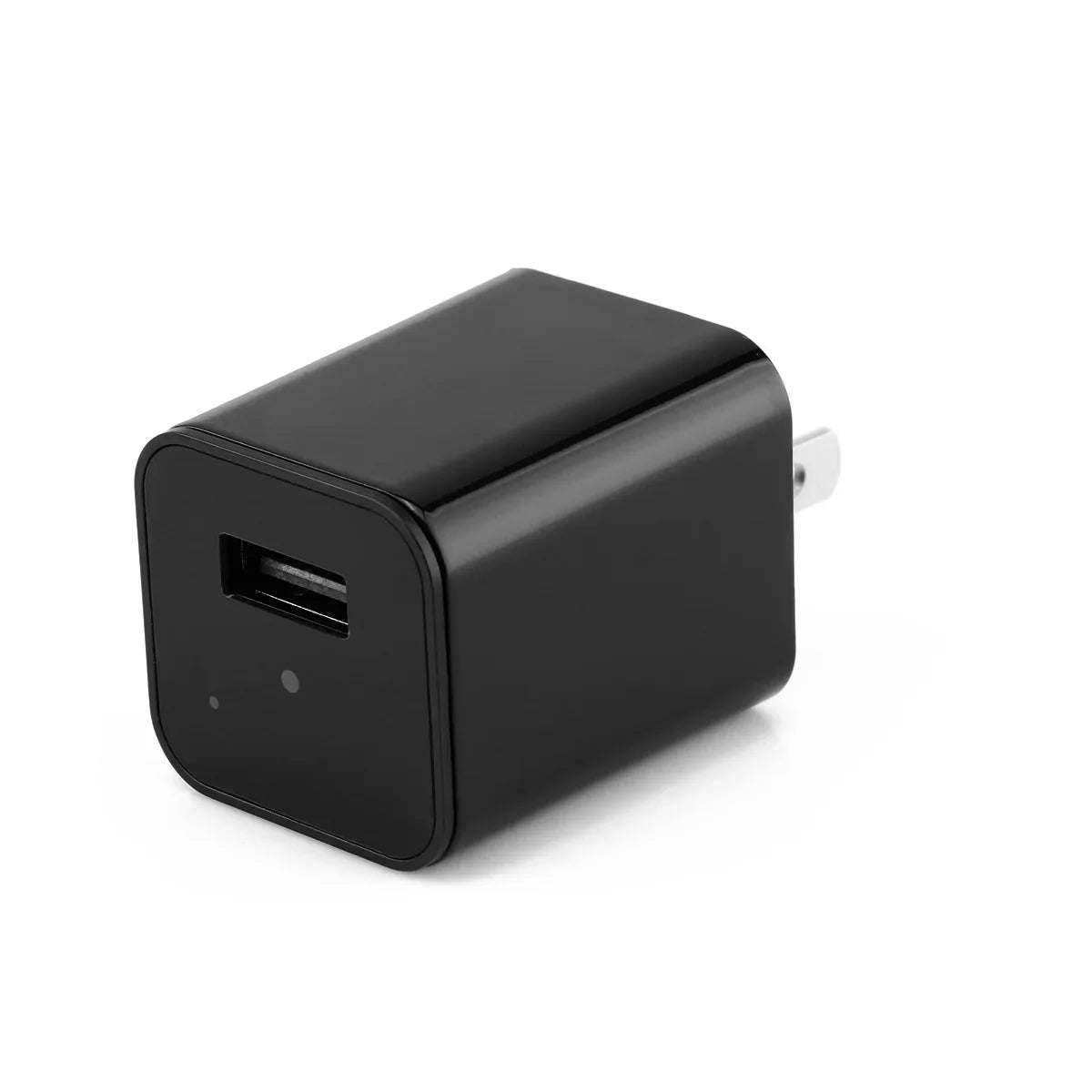Close-up of USB charger with hidden camera lens discreetly embedded in the device.