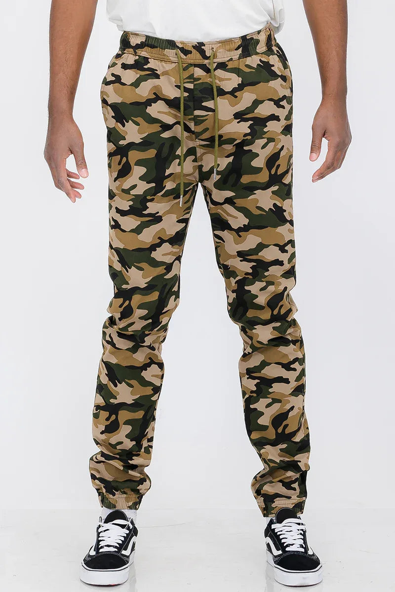 Back view of jogger pants showing two back pockets and elastic ankle cuffs.