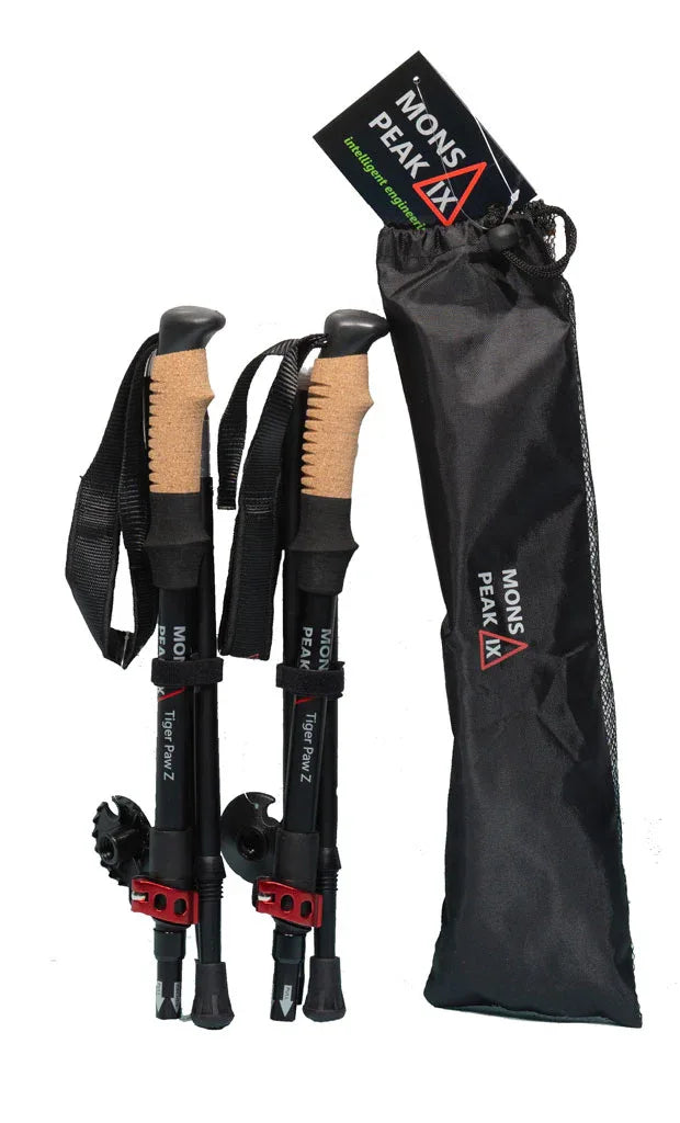Close-up of black aluminium interlocking tubes of Mons Peak IX Tiger Paw Z trekking poles.