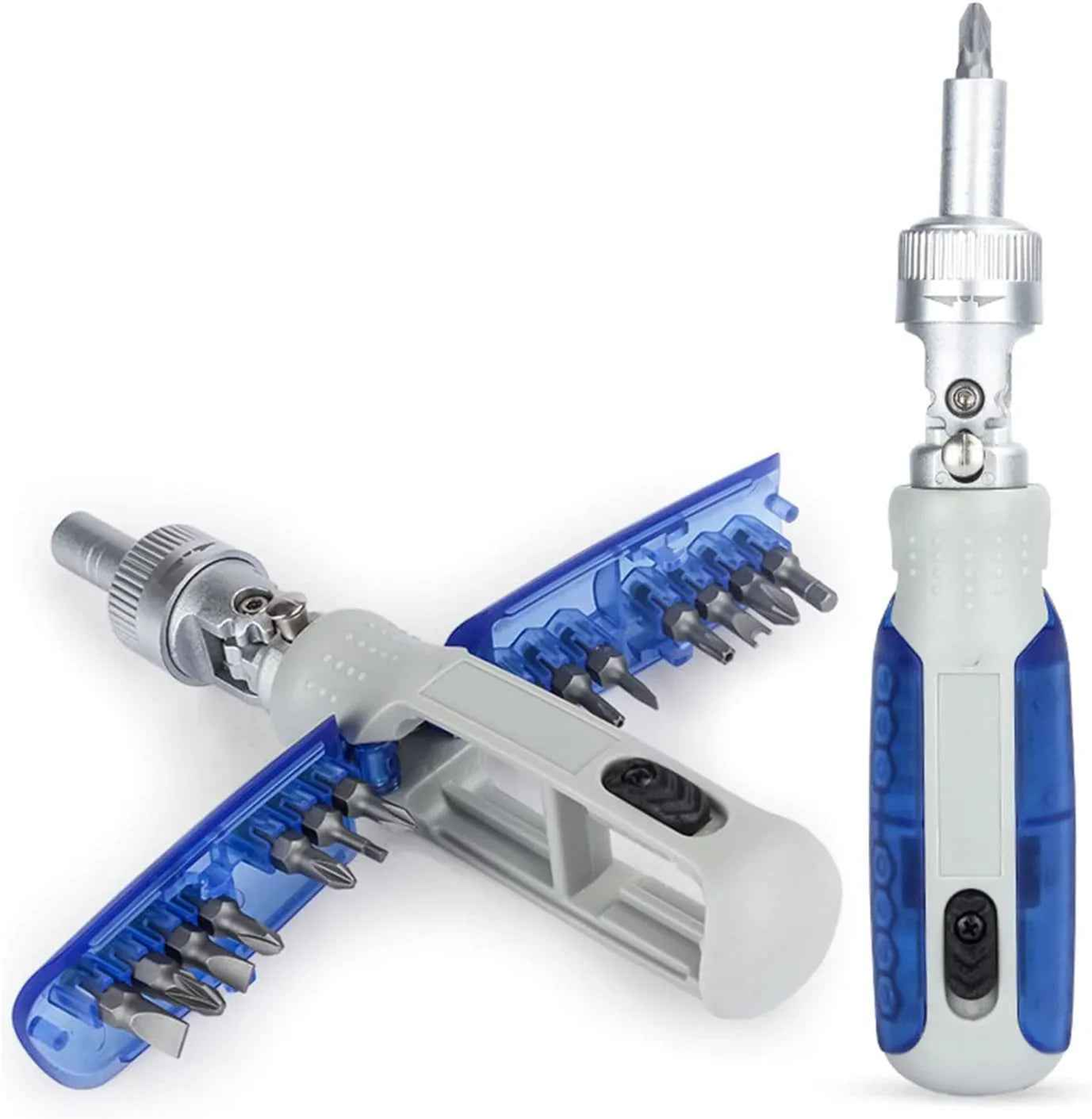 A multi-bit magnetic ratchet screwdriver set with interchangeable bits neatly arranged beside the tool.