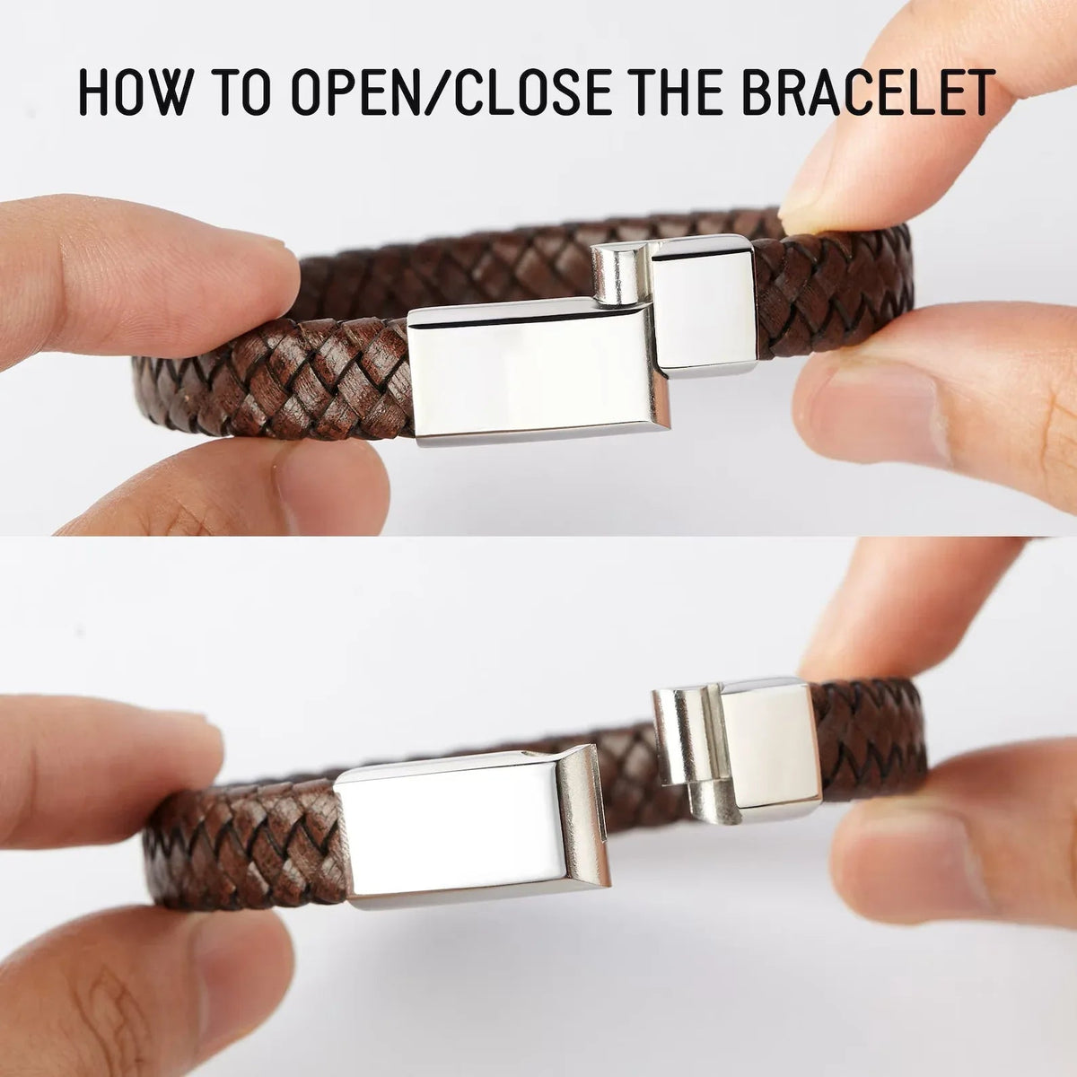 Woven leather bracelet laid flat highlighting the engraved Bible verse on the steel tag and cross detail.