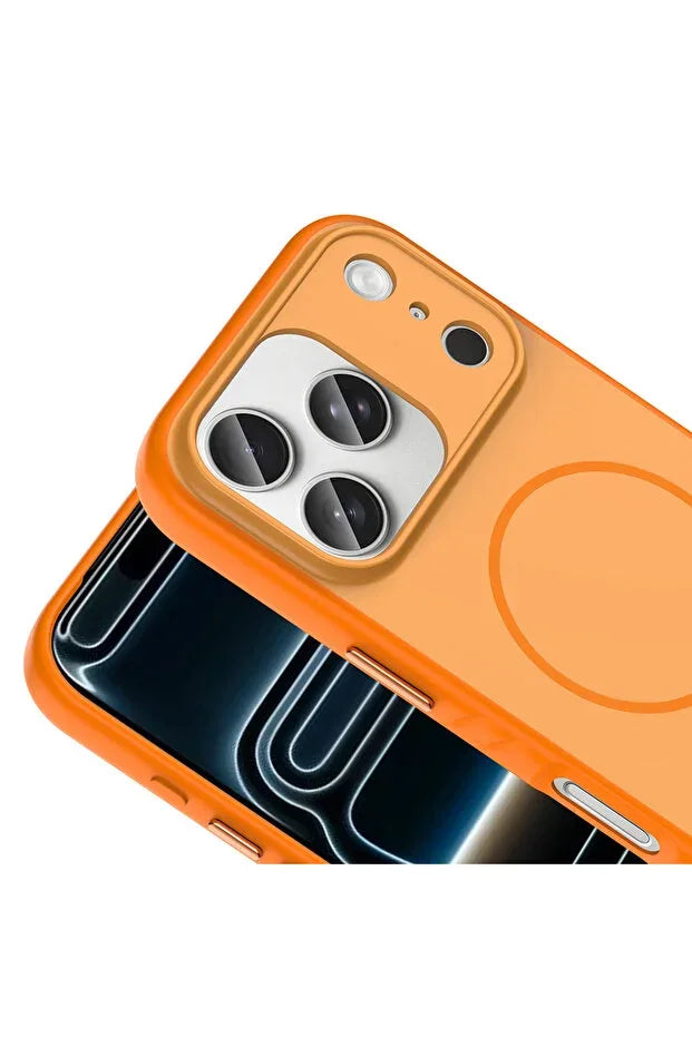 Close-up view of magnetic wireless charging case for iPhone 17 Pro Max, showcasing precise cutouts and solid construction.