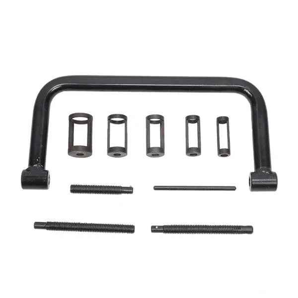 Set of 10 metal valve spring compressor tools in various sizes laid out neatly on a white background.