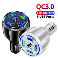 Black car charger with five USB ports, designed for quick charging multiple devices at once.