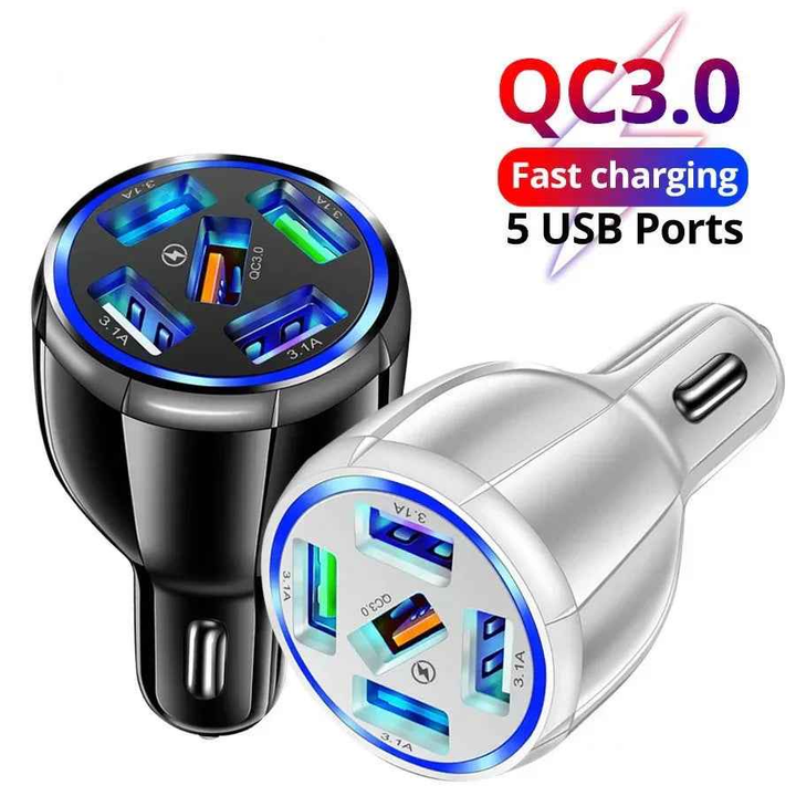 Black car charger with five USB ports, designed for quick charging multiple devices at once.