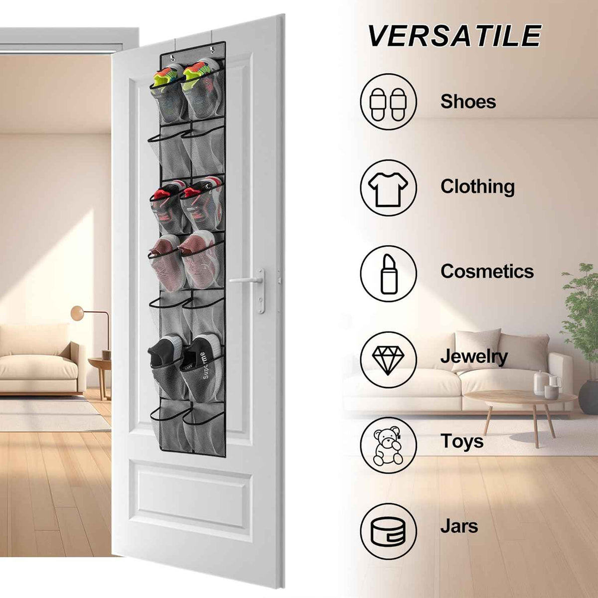 White over-the-door organizer with 14 clear pockets, neatly holding various pairs of shoes in a closet doorway.