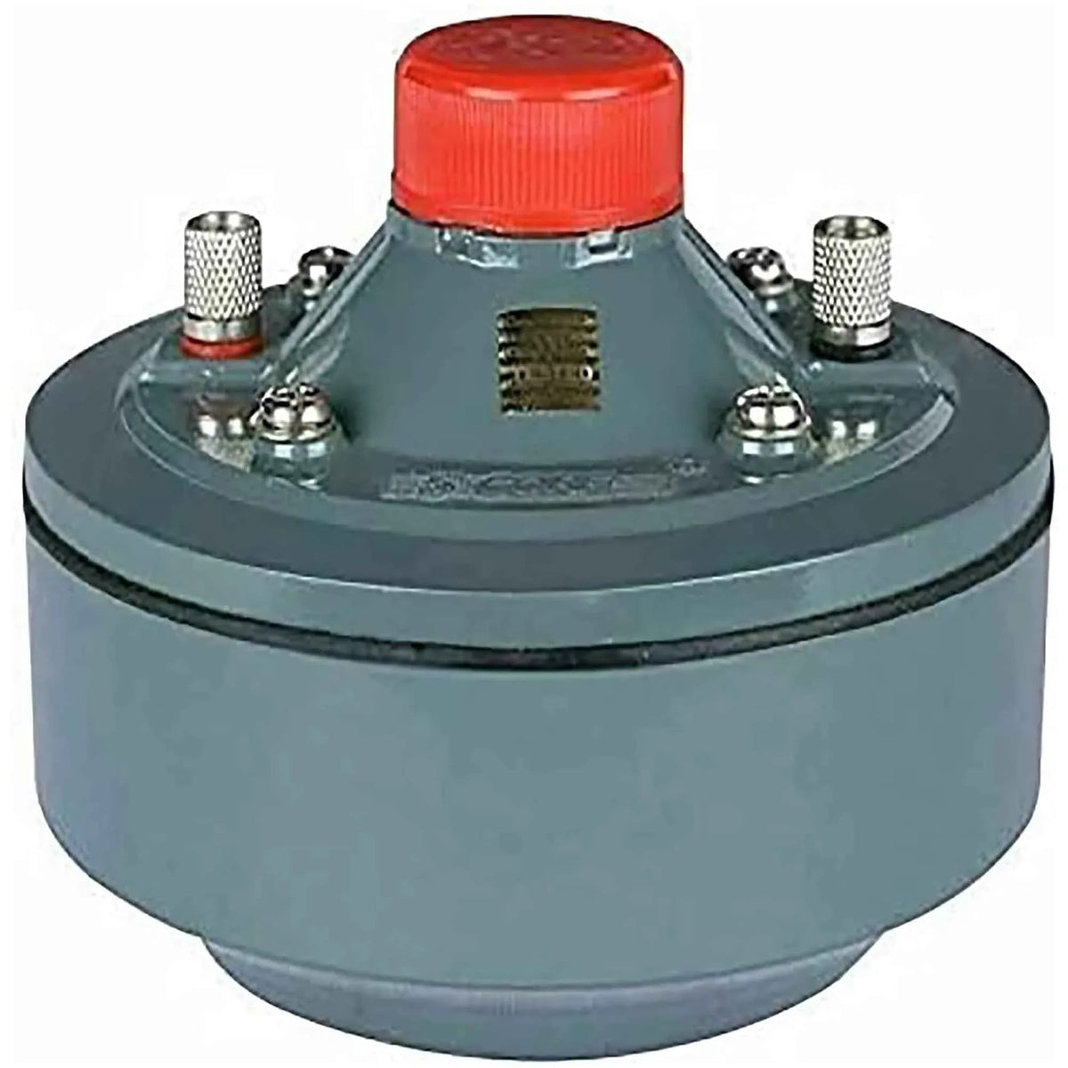 Close-up of the compression driver attached to the PA horn speaker in aluminum housing