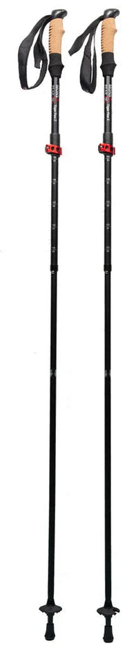 Pair of black and cork grip trekking poles standing upright on rocky terrain.