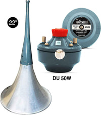 Side view of compact PA horn speaker showing mounting bracket and weather-resistant design
