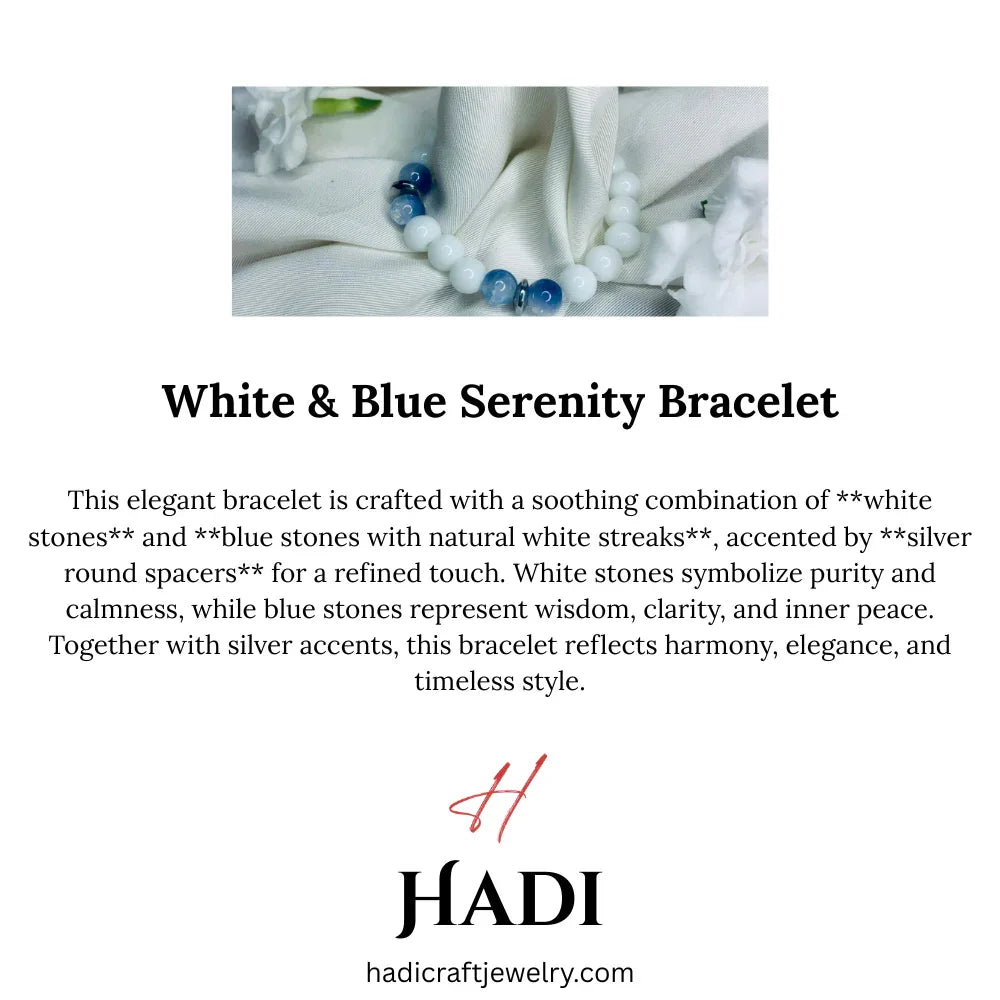 Close-up of blue lace agate and white howlite stone beads with silver spacers on a healing bracelet.